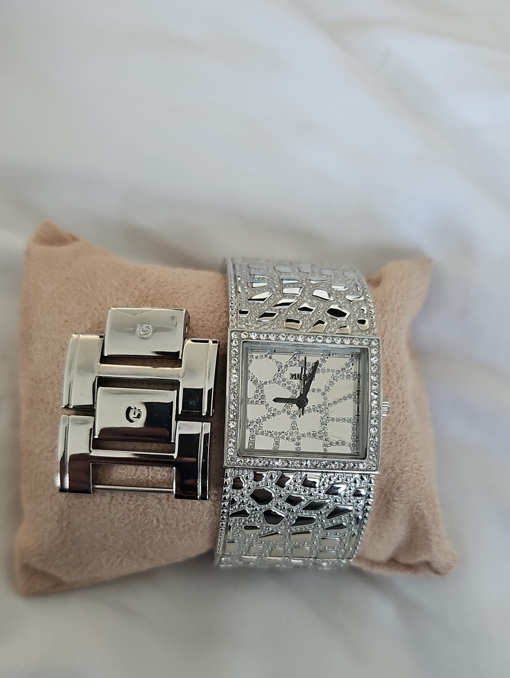 Guess Silver Crystal-Accent Women's Cuff Watch